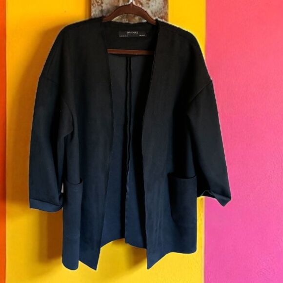 Zara Basic Black Open Front Cardigan Coat Small - Picture 1 of 4